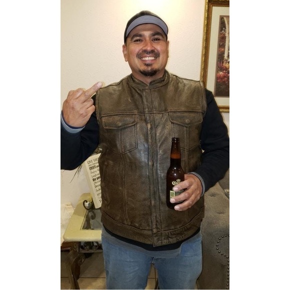 HIGH MILEAGE • Men’s Premium Cowhide Brown SOA Biker Leather Motorcycle Vest - Picture 2 of 12